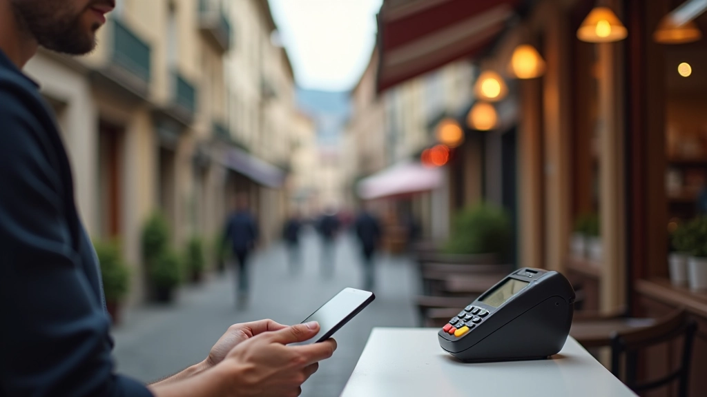 Ville de Grenoble moderne avec petits commerces utilisant des terminaux de paiement sans contact