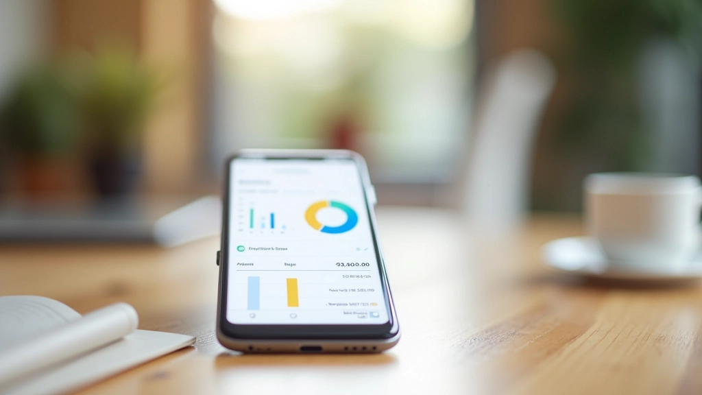 Smartphone affichant une application bancaire mobile avec graphiques de dépenses