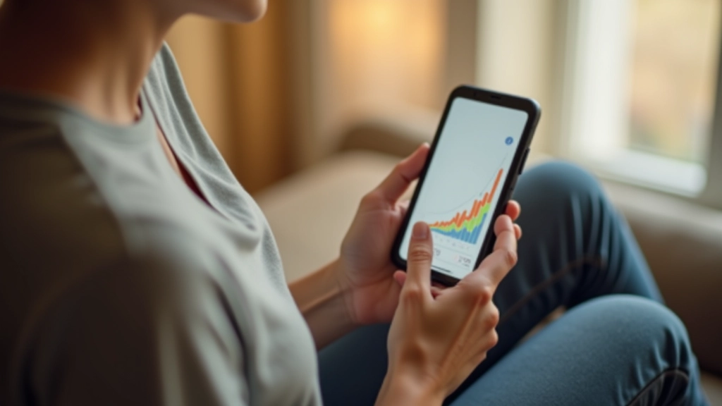Personne tenant un smartphone affichant un graphique de croissance d'investissement à la maison