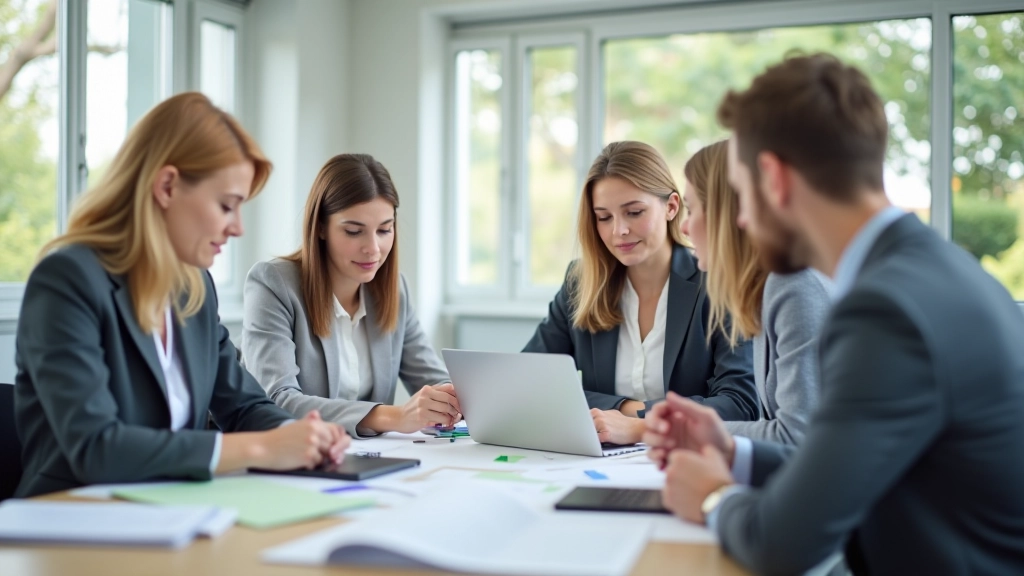 Équipe de professionnels discutant autour d'une table avec ordinateurs portables et documents financiers, environnement de travail collaboratif moderne