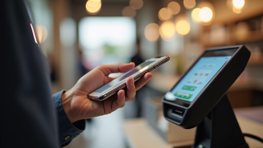 Mains tenant un smartphone avec application de paiement, terminale de paiement sans contact en arrière-plan