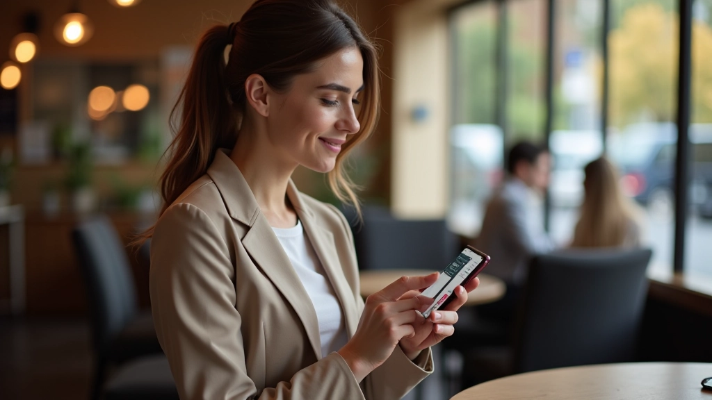 Femme en tenue décontractée regardant son smartphone avec application d'investissement en ligne